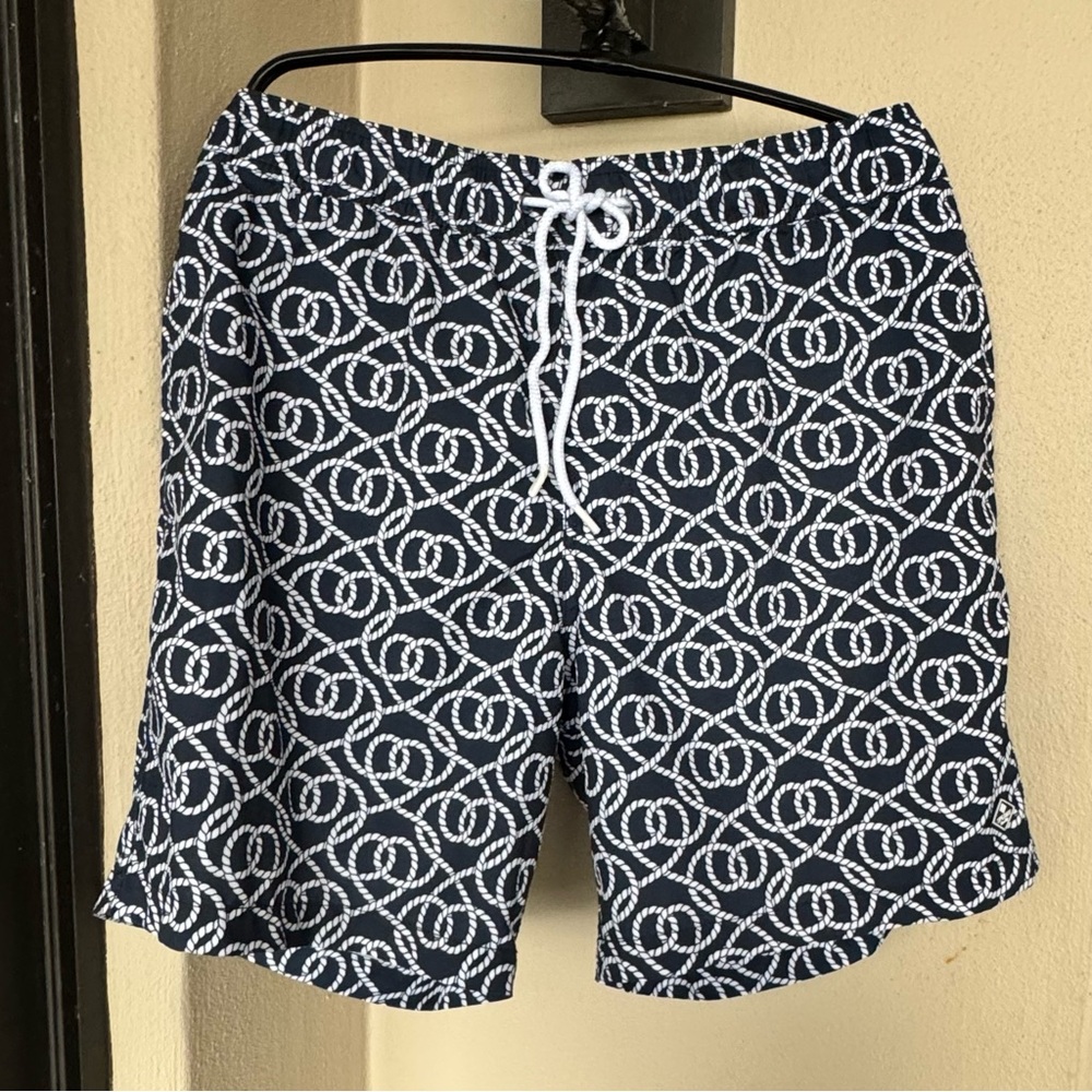 Sperry Men Blue/White Nautical Pattern Swim Trunk Lined Pockets Elastic Waist XL